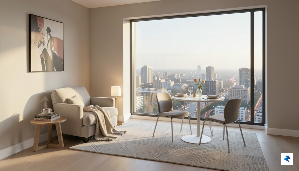 A modern, minimalist urban apartment interior with a large window&hellip;