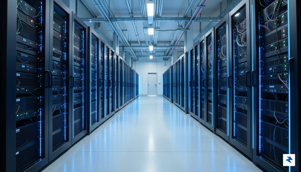 A modern, high-tech data center interior showing rows of glowing&hellip;