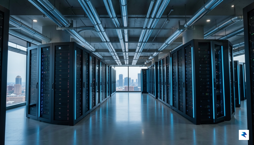 A wide-angle, cinematic shot of a futuristic data center floor&hellip;