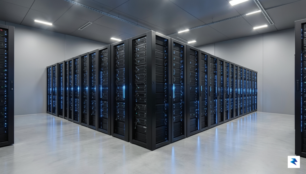 A modern, high-tech server room with glowing blue LED status&hellip;