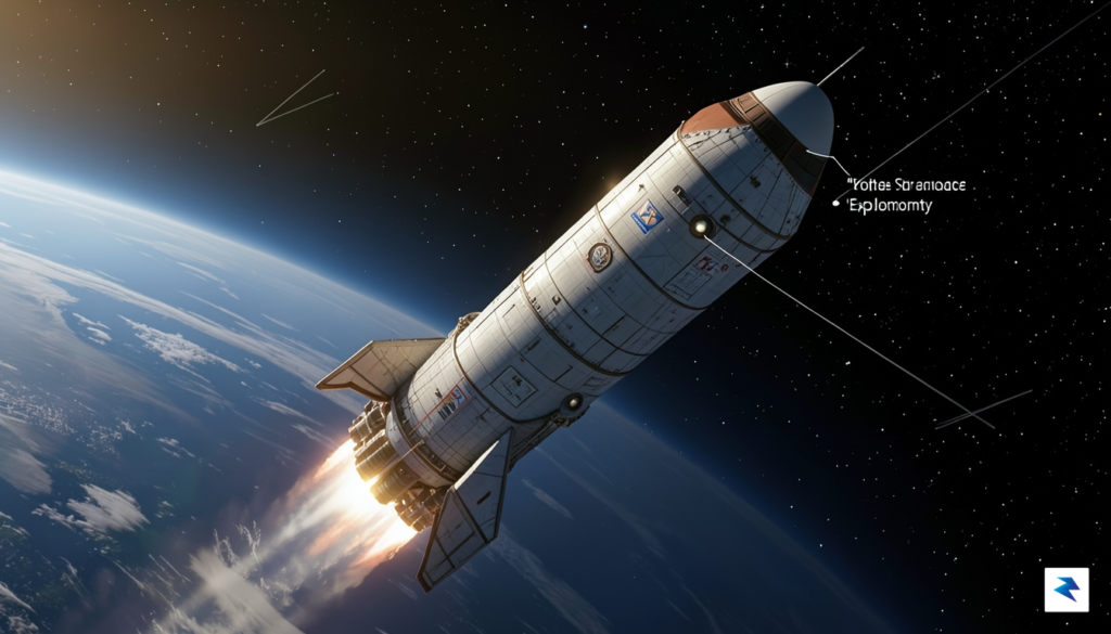 A digital illustration showing a SpaceX Starship rocket ascending into…