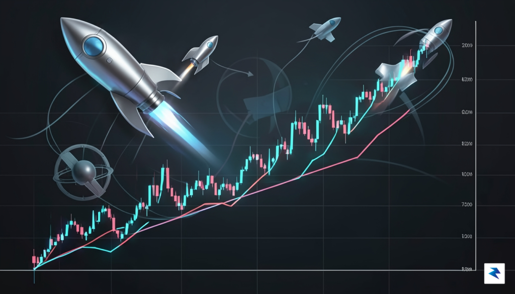 A digital illustration showing a complex financial stock market chart…