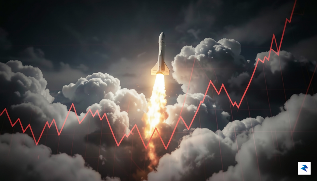 A wide-angle digital illustration showing a glowing SpaceX rocket ascending…
