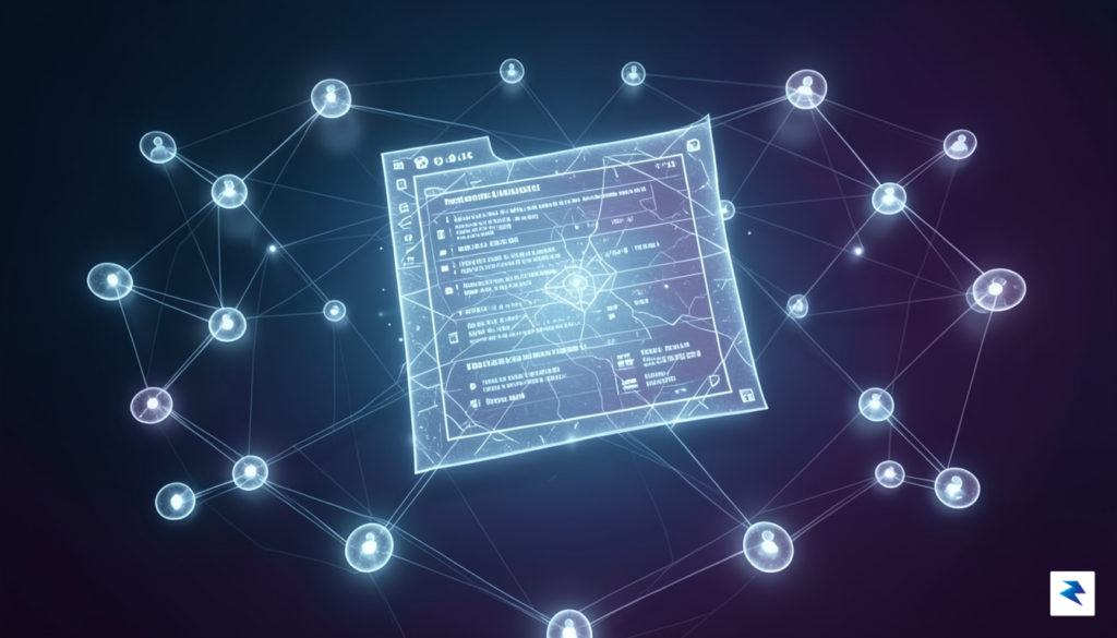 A conceptual digital illustration showing a translucent, glowing blockchain ledger&hellip;