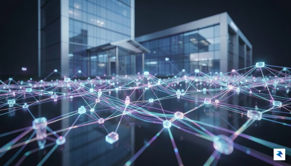 A digital visualization of a glowing, transparent blockchain network nodes&hellip;