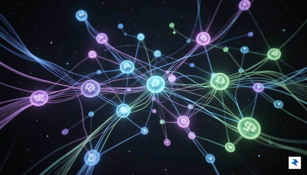 A conceptual digital visualization showing interconnected glowing nodes and data&hellip;