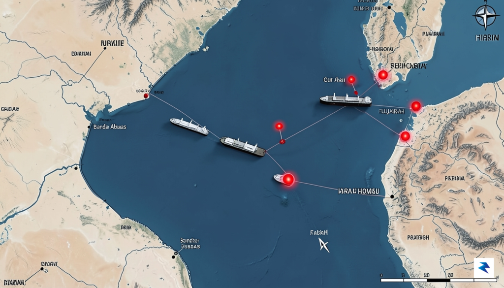 A detailed satellite-style map showing the narrow Strait of Hormuz&hellip;