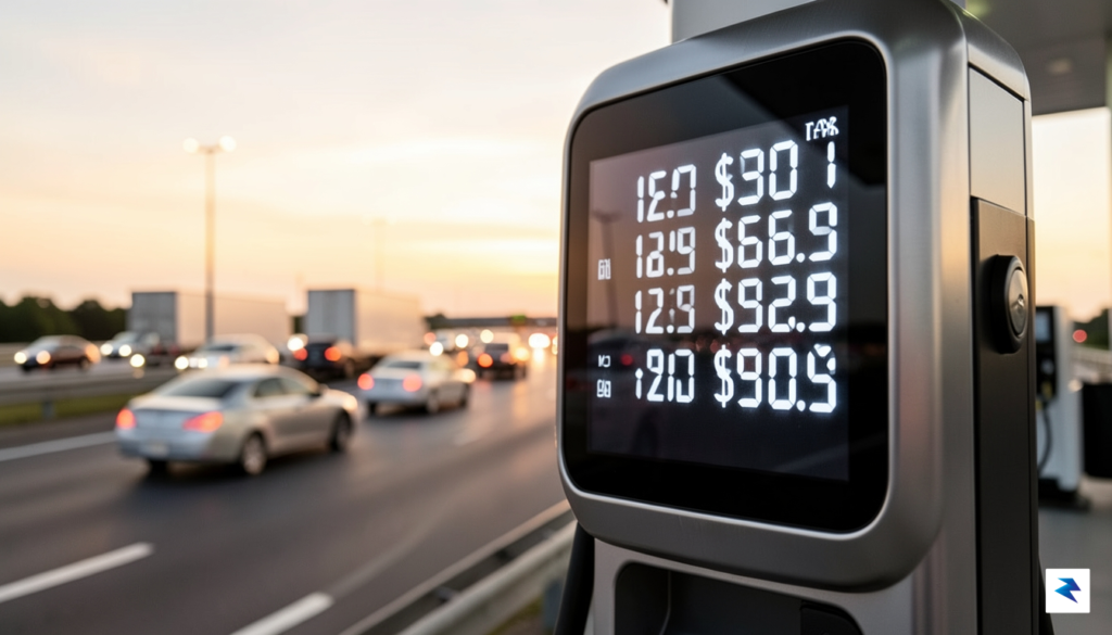 A close-up shot of a modern gas station pump digital&hellip;