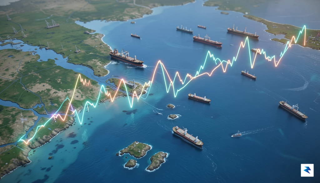 A digital visualization of a glowing, fluctuating oil price line&hellip;