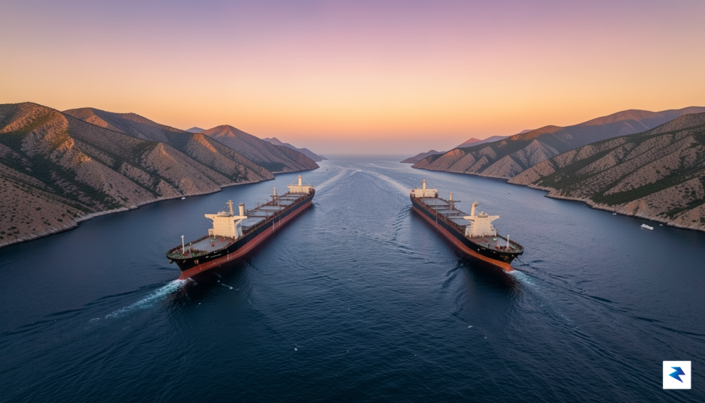 A wide-angle aerial shot of massive oil tankers navigating the&hellip;