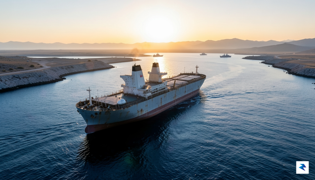 A wide-angle aerial shot of a large oil tanker navigating&hellip;