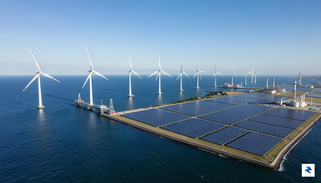 An expansive aerial view of a modern, diversified energy landscape,…