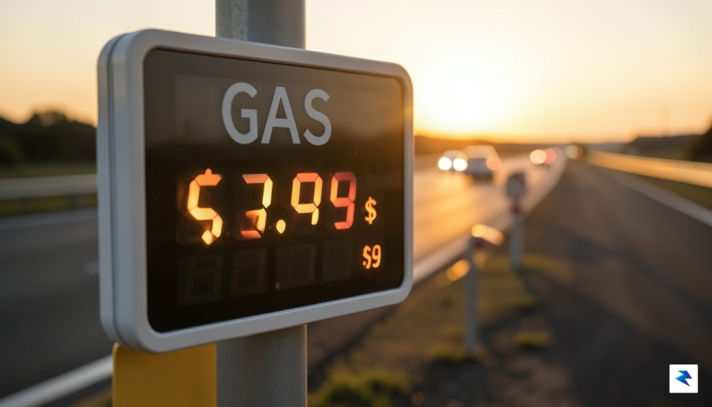 A close-up shot of a digital gas station price sign…