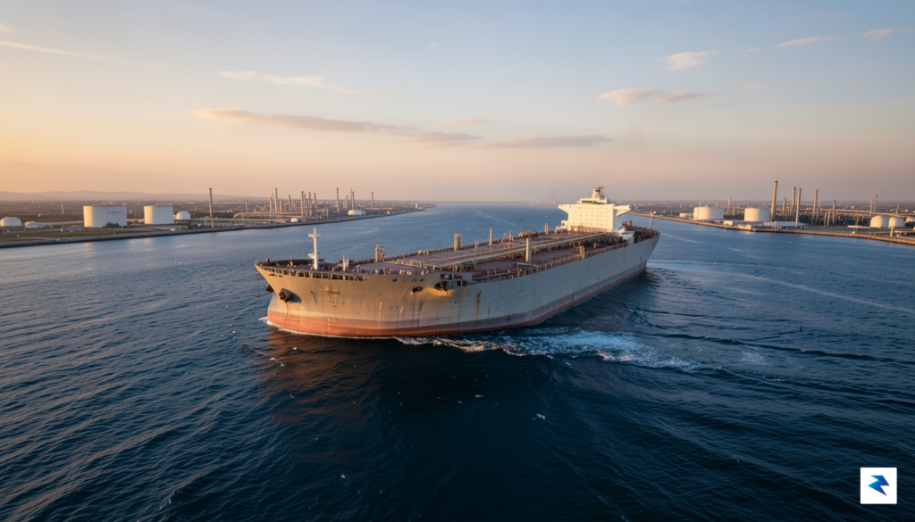 A wide-angle aerial view of a massive oil tanker navigating…