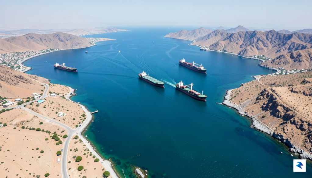 A wide-angle aerial satellite view of the Strait of Hormuz,…