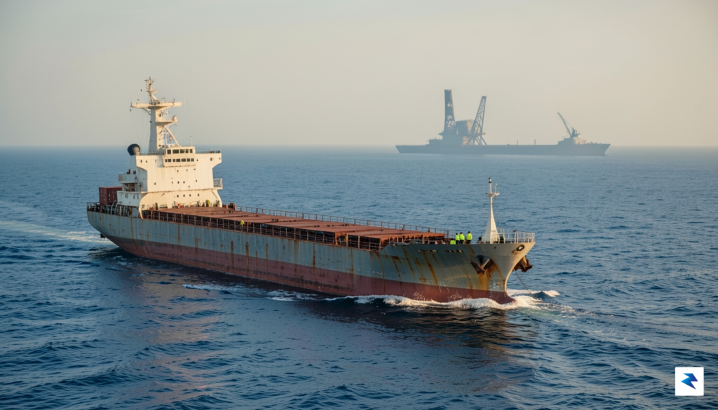 A cargo ship navigating a calm sea, with a distant,&hellip;