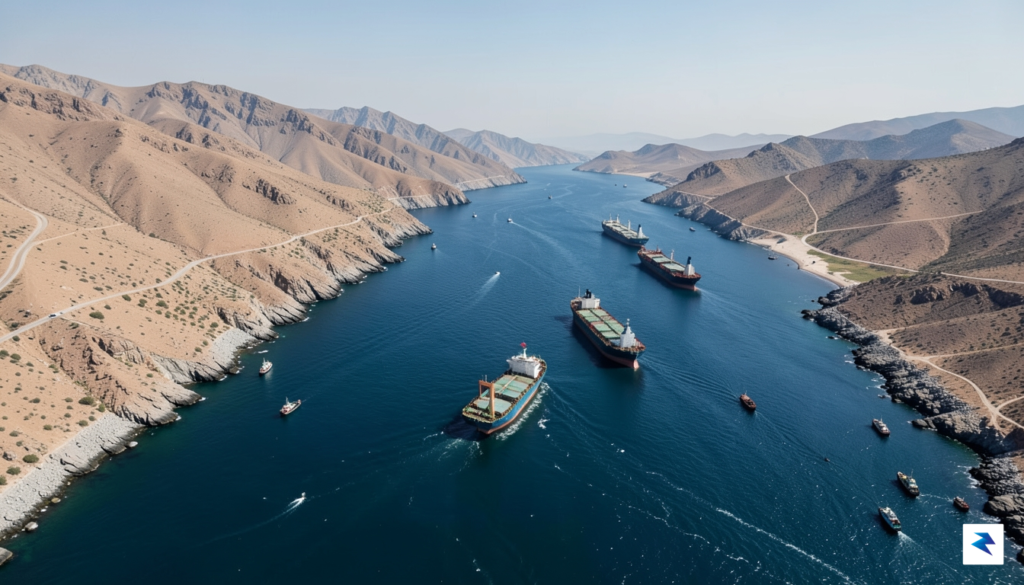 A wide-angle aerial satellite view of the Strait of Hormuz,&hellip;
