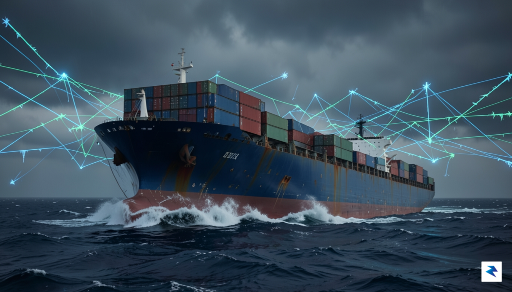 A wide-angle digital illustration showing a massive container ship navigating&hellip;
