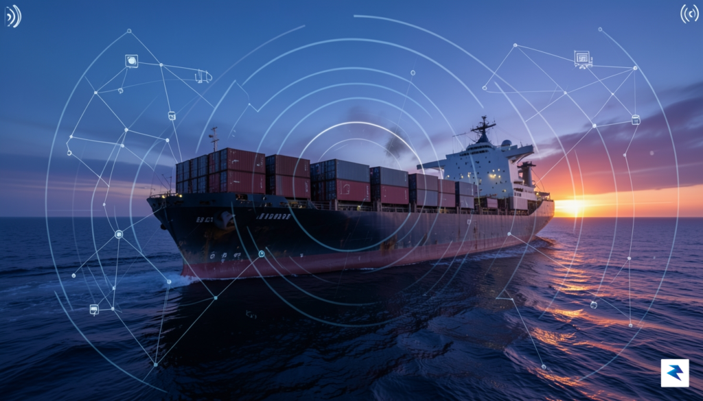 A wide-angle shot of a large cargo ship navigating through&hellip;