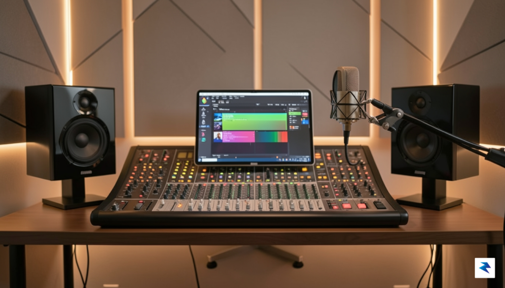 A vibrant, modern studio workspace with high-end audio equipment, soft&hellip;