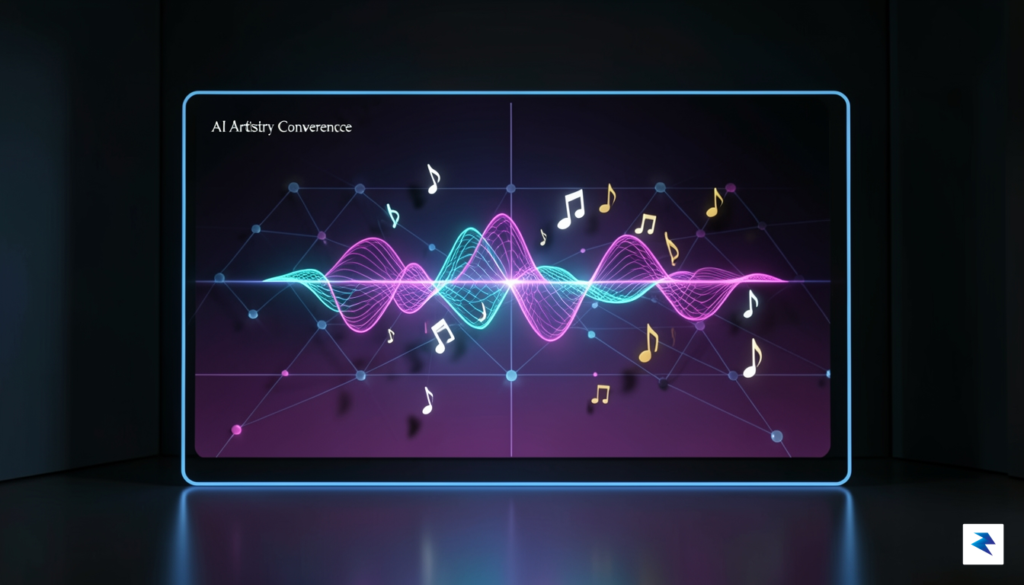 A futuristic digital interface showing sound waves transforming into glowing&hellip;
