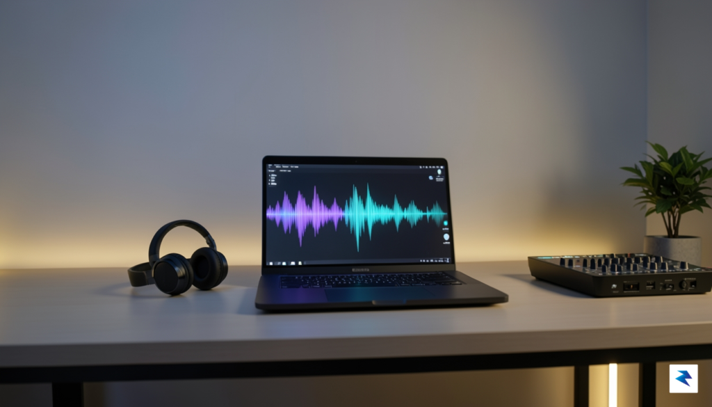 A modern, minimalist music studio setup featuring a laptop with&hellip;