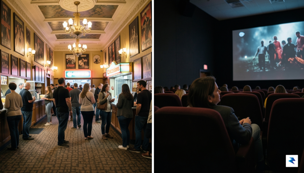 A split-screen composition showing a crowded, chaotic movie theater lobby&hellip;