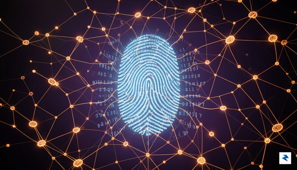 A conceptual digital landscape showing a glowing human fingerprint merging…