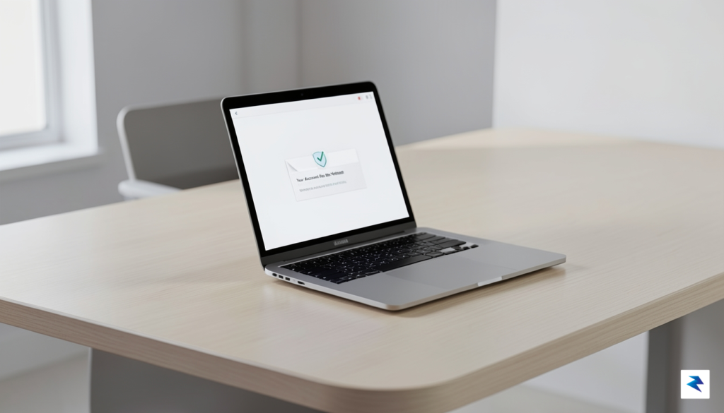 A clean, minimalist office desk with a laptop screen showing…