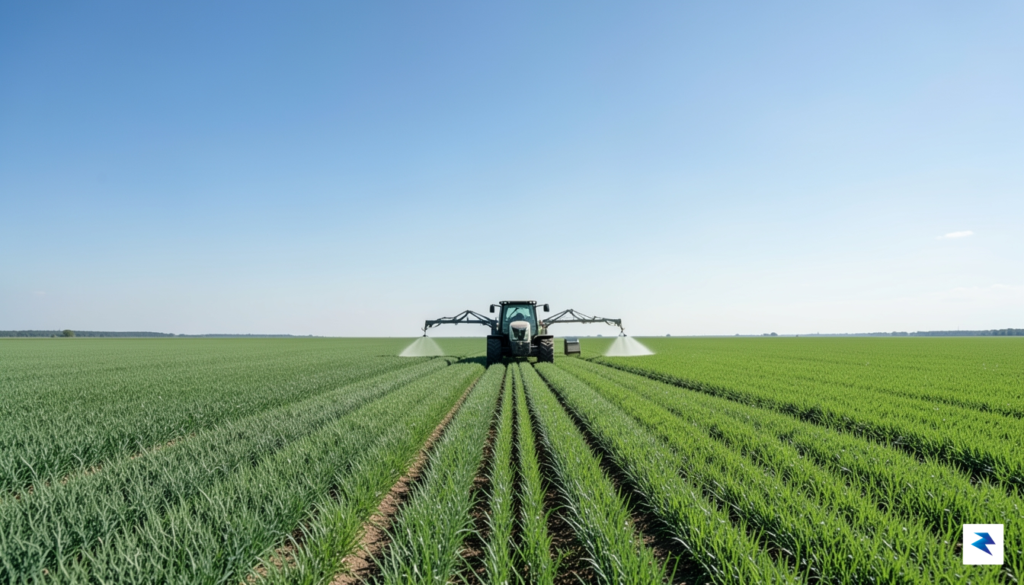A wide-angle landscape shot of a vast, green agricultural field&hellip;