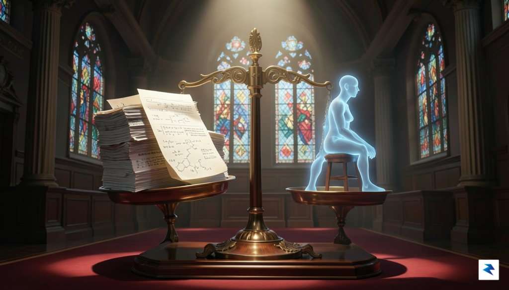 A conceptual image showing a courtroom scale balanced on one&hellip;