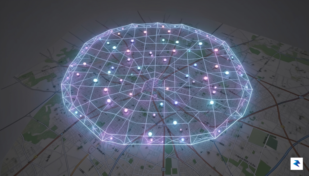 A digital visualization showing a glowing, translucent mesh grid overlaid&hellip;
