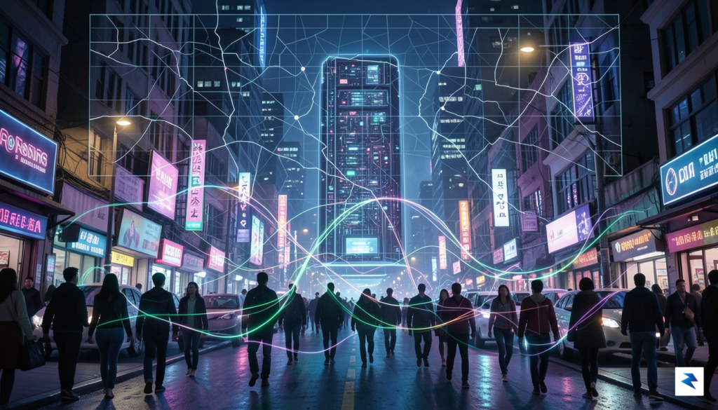 A conceptual digital illustration showing a glowing map grid overlaying&hellip;
