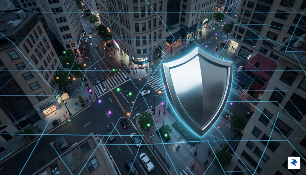A conceptual illustration showing a digital map of a city&hellip;
