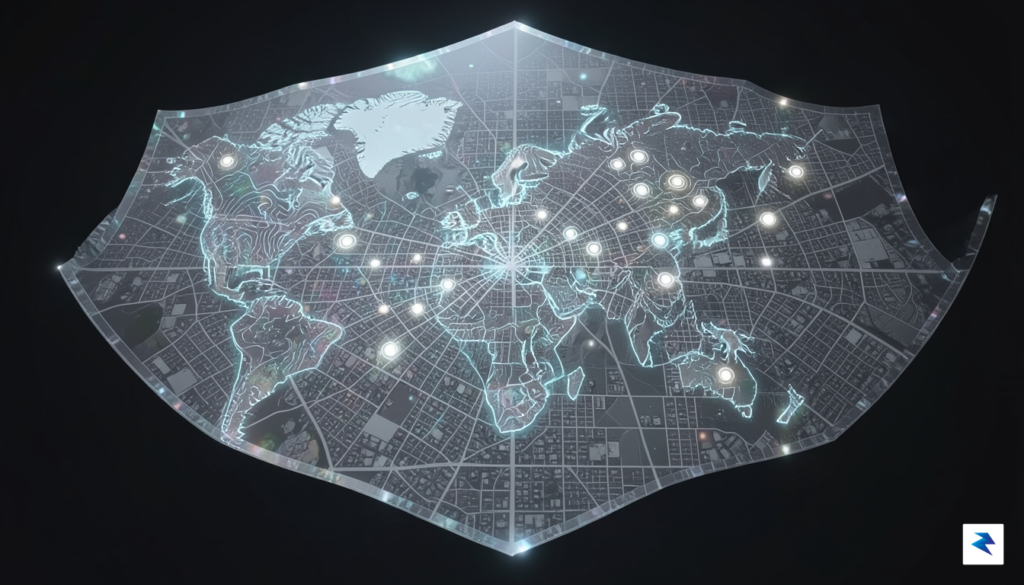 A conceptual digital illustration of a glowing geographic map overlaying&hellip;