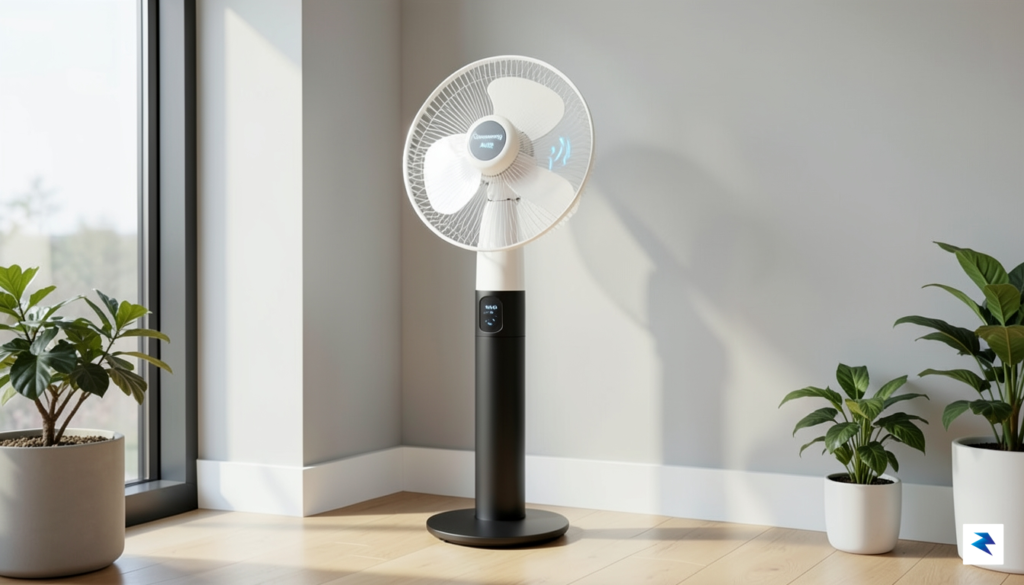 A sleek, minimalist smart standing fan positioned in a modern,&hellip;