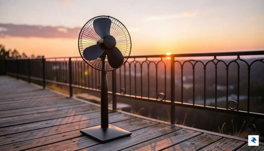 A sleek, modern standing fan placed on a wooden deck&hellip;