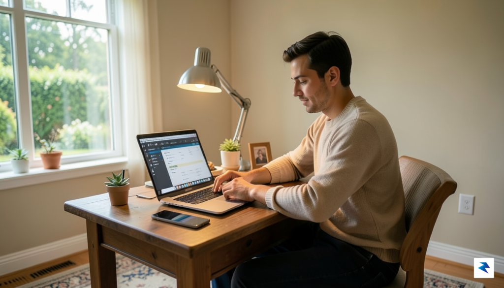 A person sitting at a desk with a laptop and&hellip;