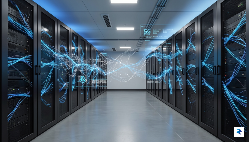 A modern, high-tech server room with glowing blue fiber optic&hellip;
