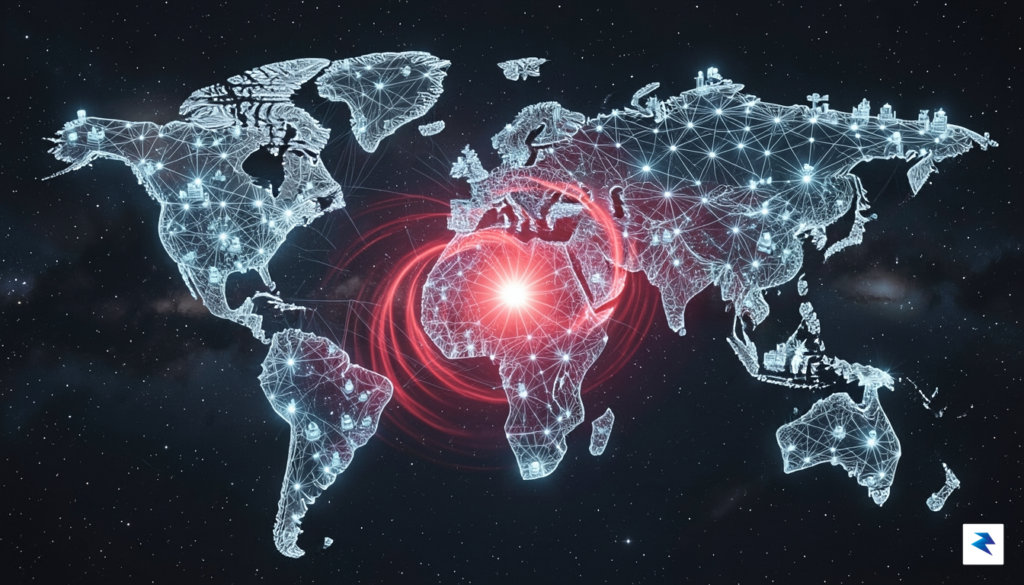 A conceptual digital visualization showing a complex, glowing global network&hellip;