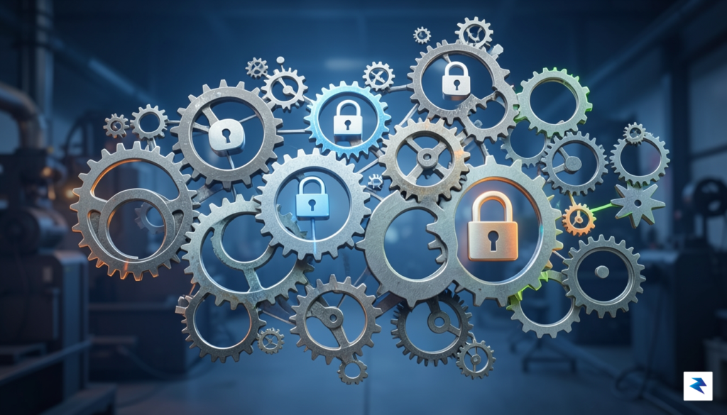 An abstract illustration depicting interconnected gears and digital padlock icons,&hellip;