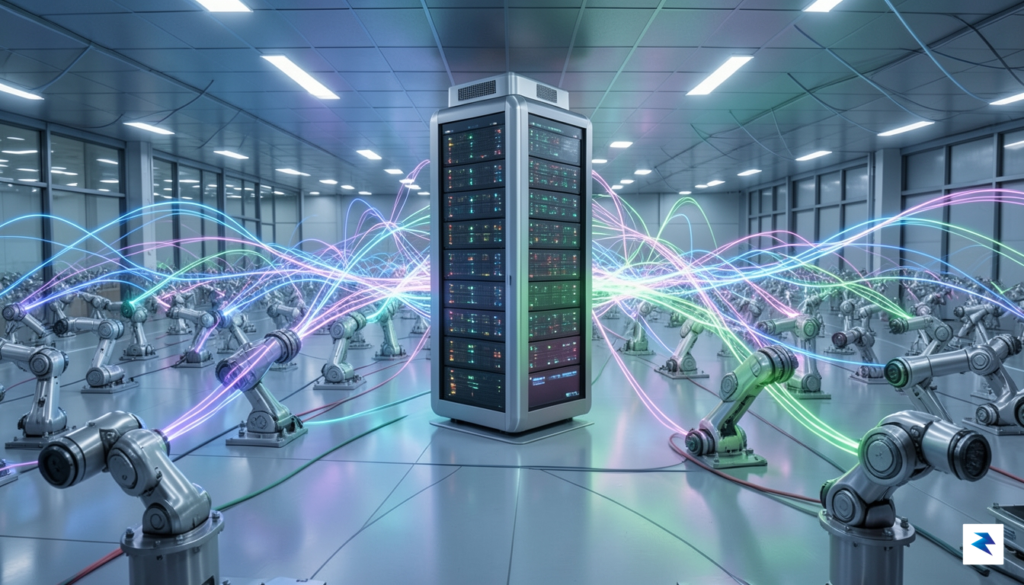 A conceptual digital illustration showing a factory floor with glowing&hellip;