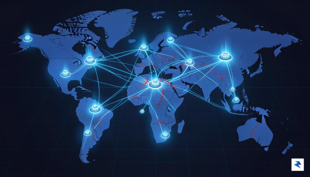 A digital illustration showing a complex global supply chain network&hellip;