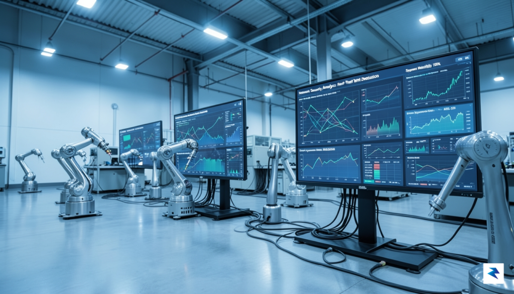 A modern, high-tech factory floor illuminated with soft blue ambient&hellip;