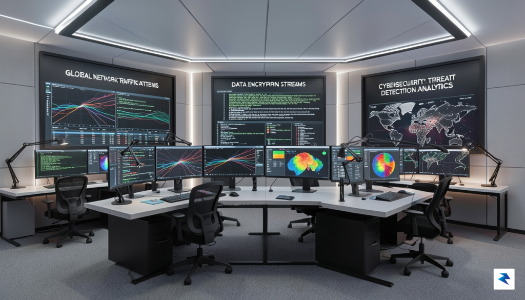 A modern, high-tech security operations center with multiple digital monitors&hellip;