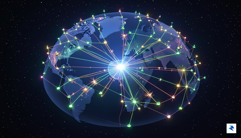 A digital visualization showing a complex global supply chain network&hellip;