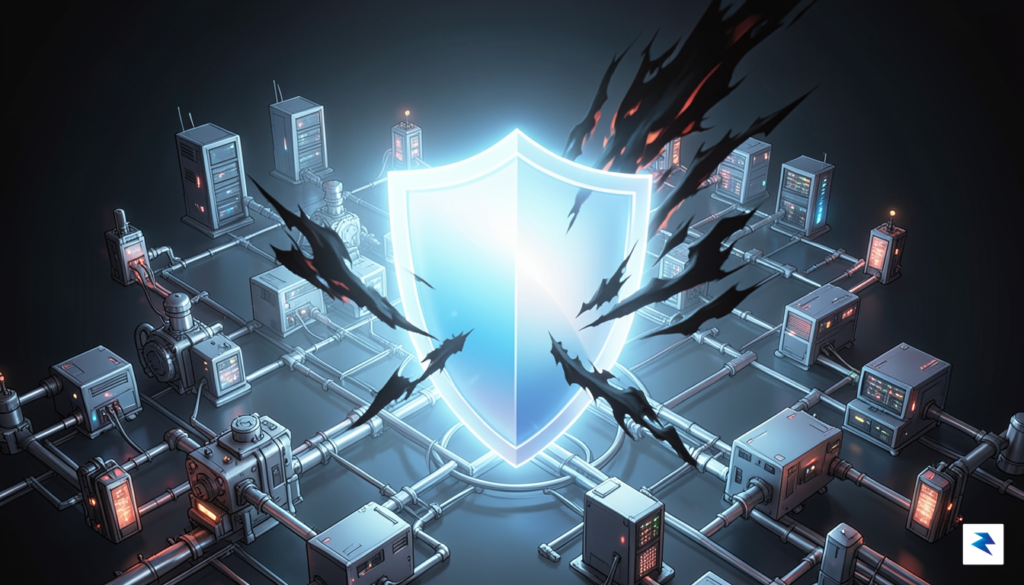 A conceptual digital security illustration showing a glowing shield protecting&hellip;