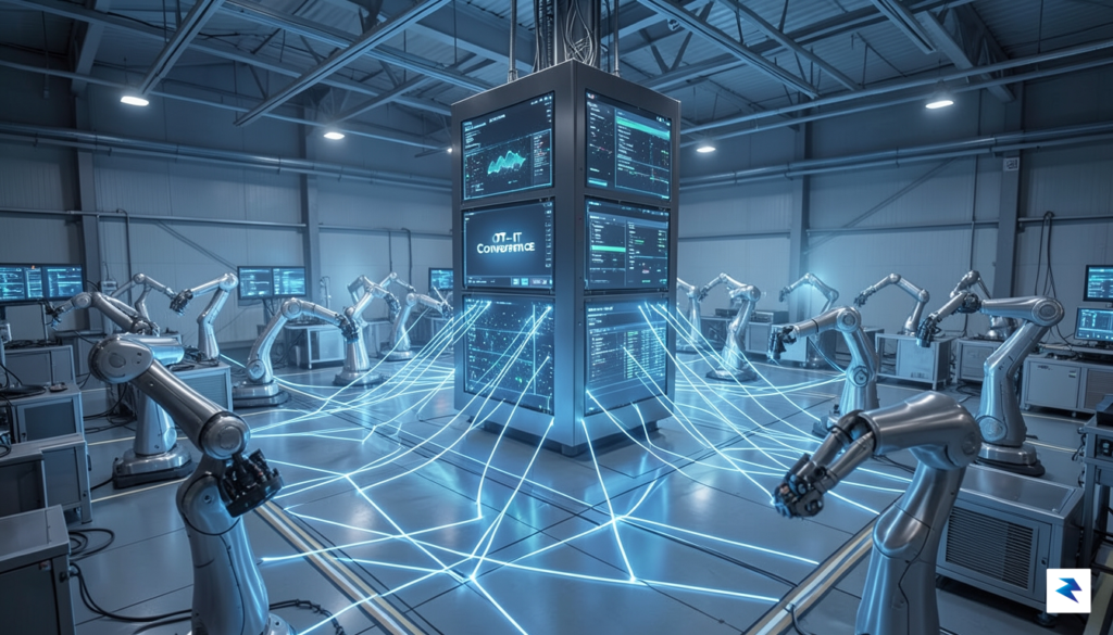 A high-tech smart factory floor showing glowing digital network lines&hellip;