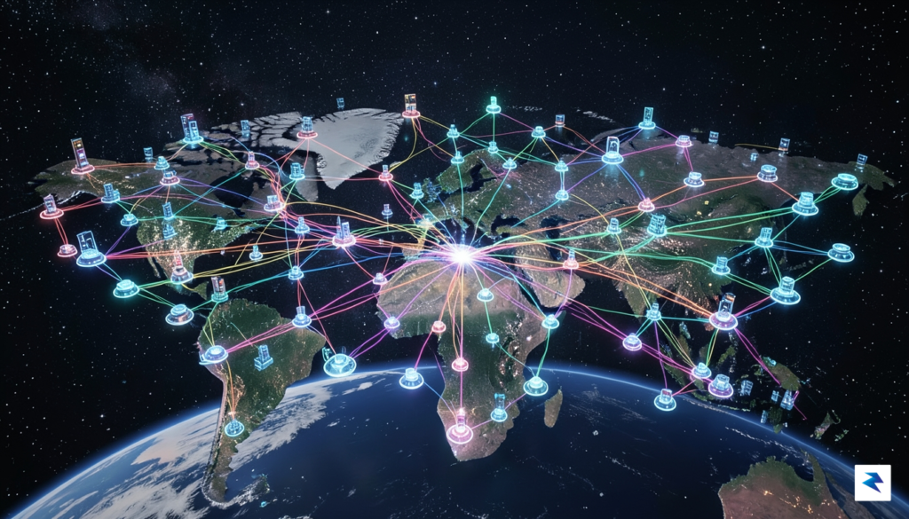 A digital visualization representing a sprawling, interconnected global supply chain&hellip;