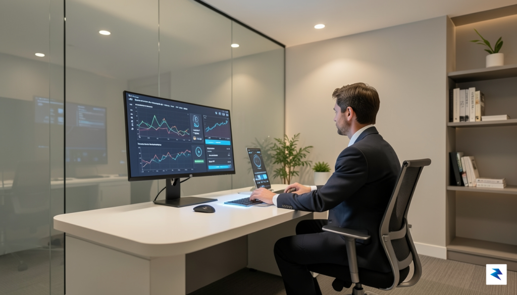 A modern, minimalist office workspace featuring a high-end monitor displaying&hellip;